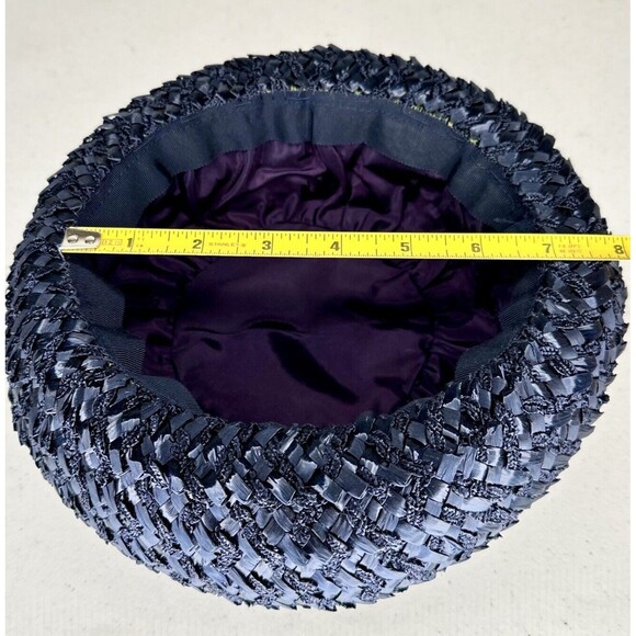 Vintage braided straw‎ 1960’s Ribbon Navy Blue Womens Bowler Clouche Hat - Picture 7 of 7